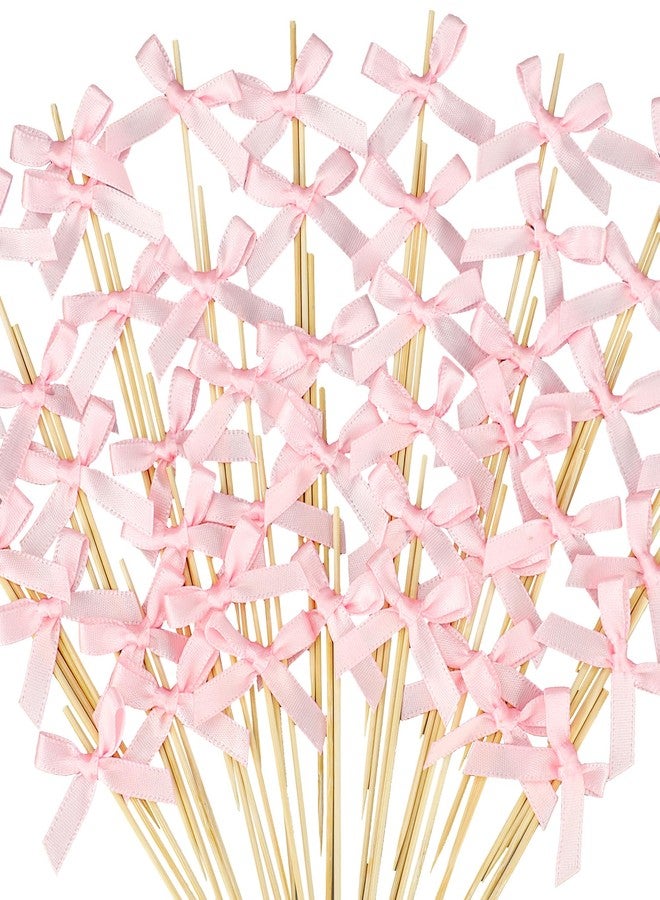 Maniaacer 100 PCS Pink Bow Cocktail Picks 4.72" Bow Bamboo Fancy Toothpicks Natural Bamboo Cocktail Picks Coquette Bowknot Swizzle Stick for Bridal Shower Wedding Favors Coquette Birthday Girl Party Decor - Image 1